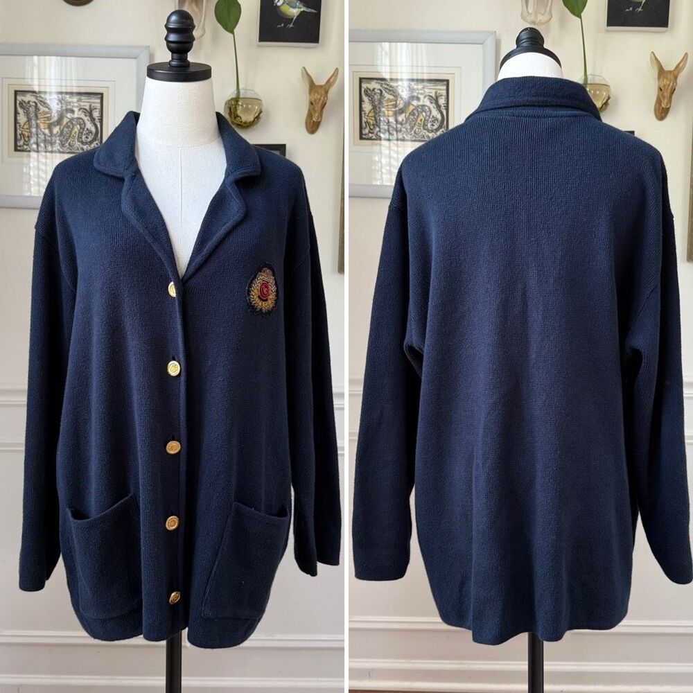 Vintage Liz Claiborne Liz & Co Navy Blue Sweater Blazer Cardigan Crest Prep Scho